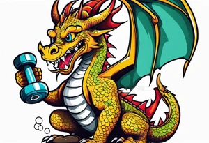 Dragon with dumbbell in mouth tattoo idea