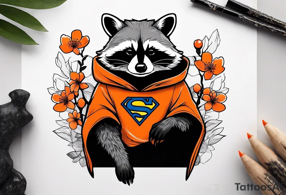 raccoon wearing a black and white Superman hoodie with orange Japanese cherry blossoms tattoo idea