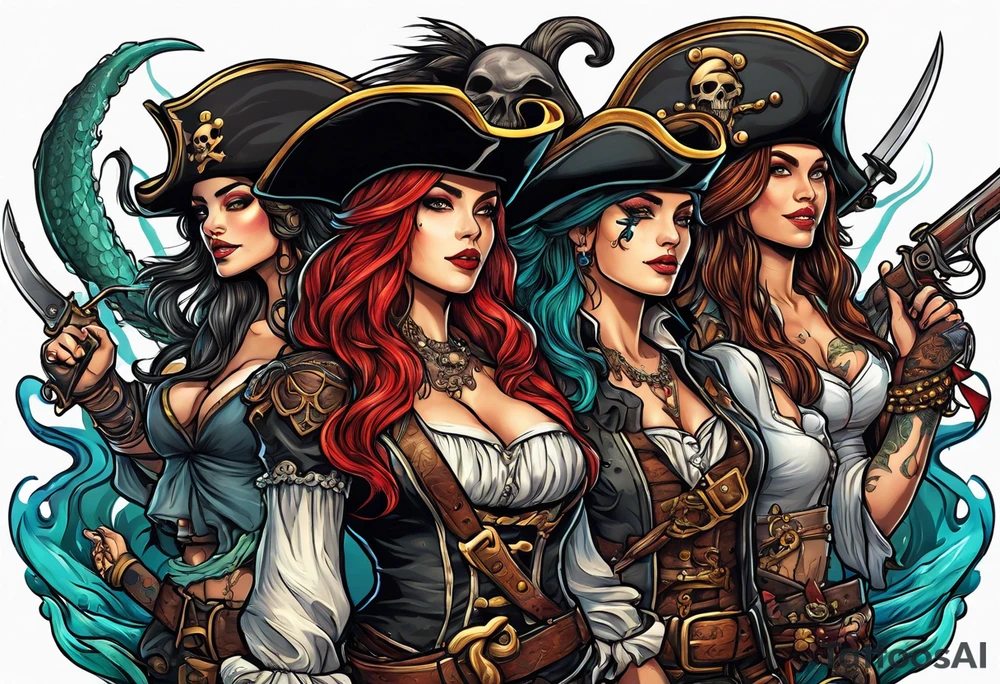 sexy female pirates with a group of skull pirates and a sea monster tattoo idea