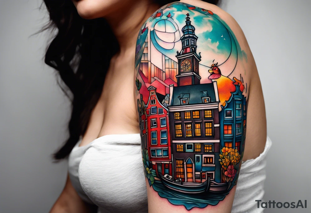 Tattoo of animals in Amsterdam featuring Amsterdam buildings and canal in galaxy colours featuring glass featuring birds and other critters tattoo idea