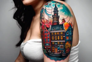 Tattoo of animals in Amsterdam featuring Amsterdam buildings and canal in galaxy colours featuring glass featuring birds and other critters tattoo idea