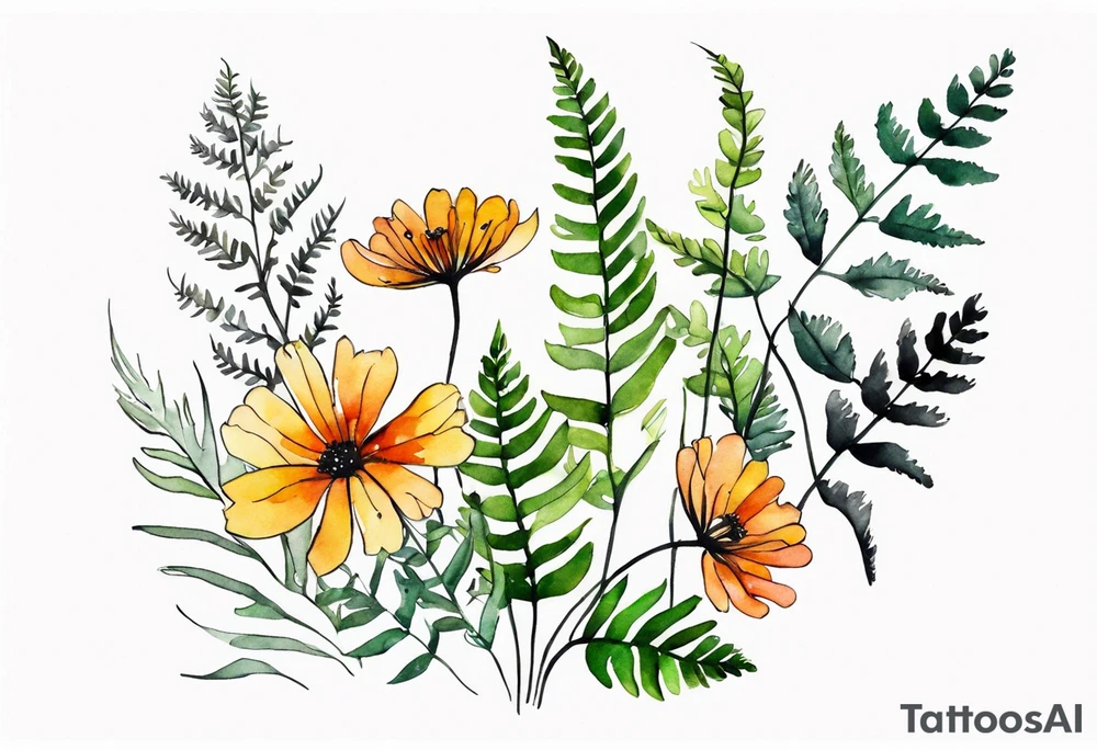 wild flowers long stems bouquet with ferns all watercolor tattoo idea