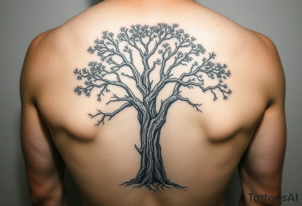 Live oak Tree with bark and leaves tattoo idea