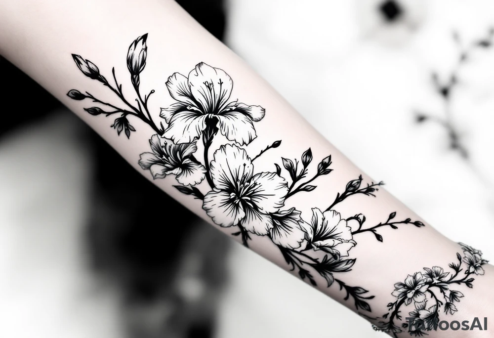 on forearm with Irises flowers, cherry blossom tattoo idea