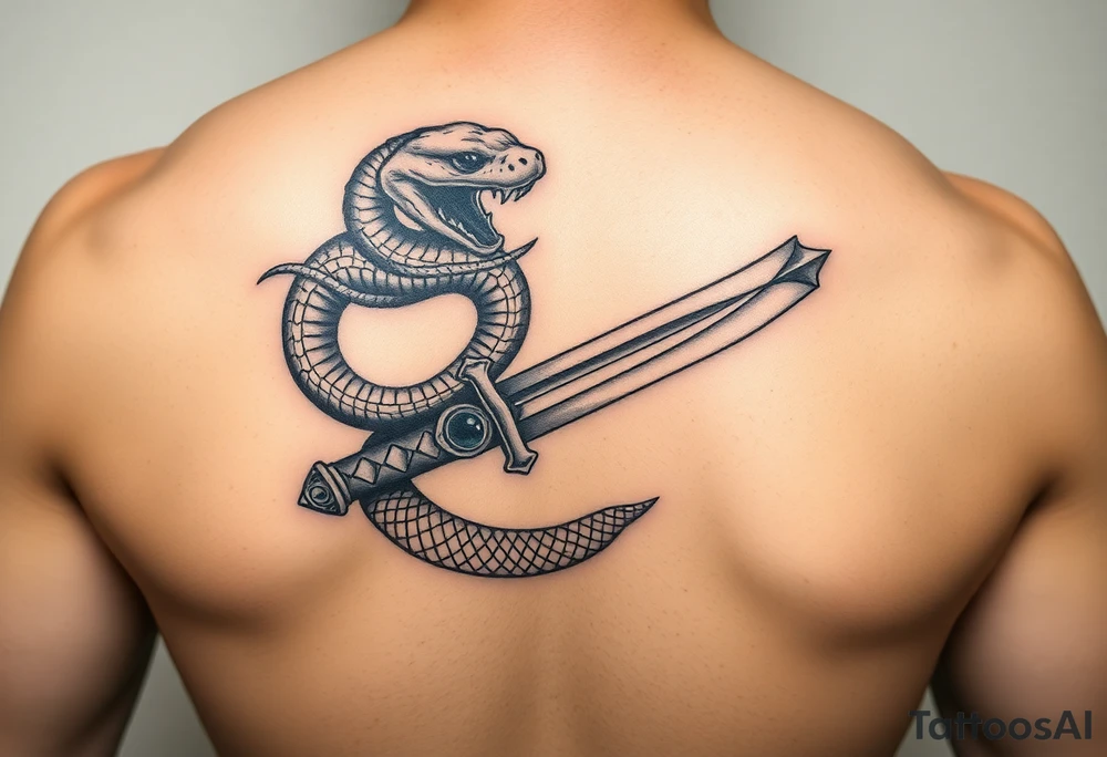 mystical snake coiled around an ancient dagger with jeweled hilt tattoo idea