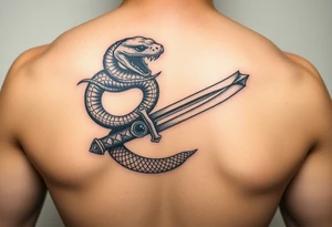 mystical snake coiled around an ancient dagger with jeweled hilt tattoo idea