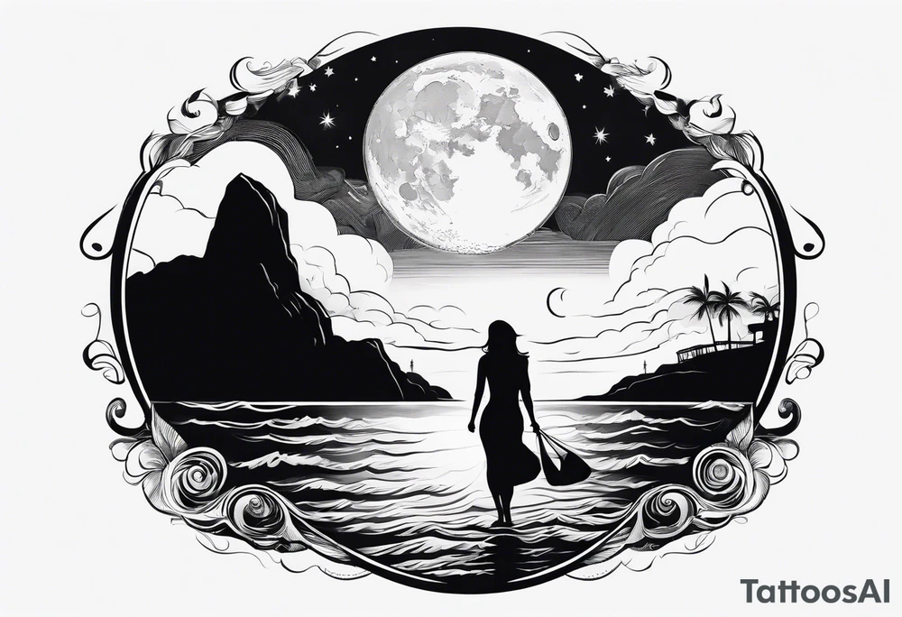 Silouhette of two people on beach water with moon tattoo idea