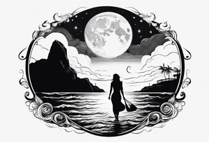Silouhette of two people on beach water with moon tattoo idea