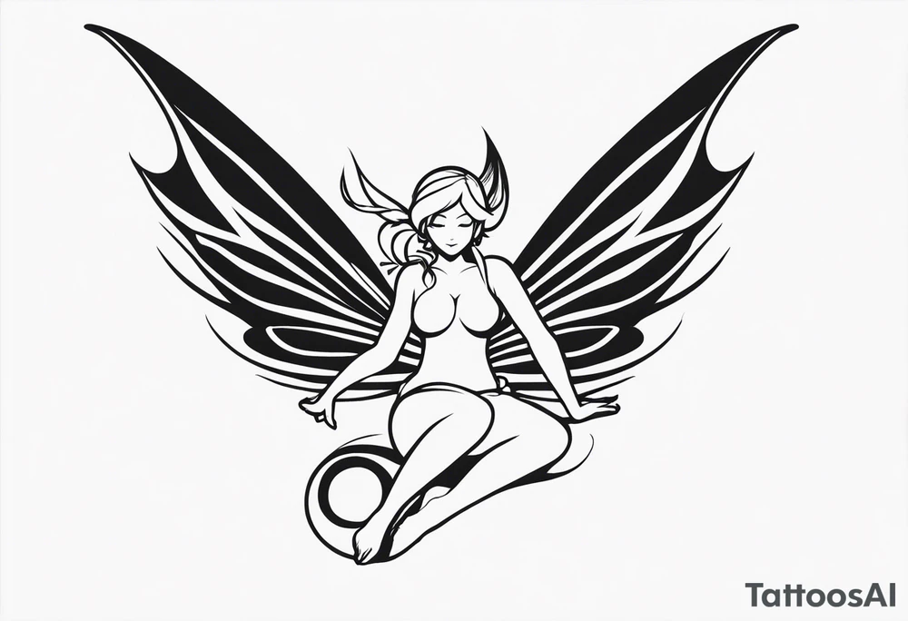 Minimalistic, monochromatic fairy with a tail flying to the left in a fetal position, leaning and looking in the same direction, with visible hands, embodying the 'Fairy Tail' logo aesthetic. tattoo idea