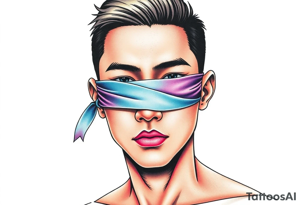 Handsome Asian young guy with 
 eyes covered with a ribbon tattoo idea