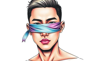 Handsome Asian young guy with 
 eyes covered with a ribbon tattoo idea