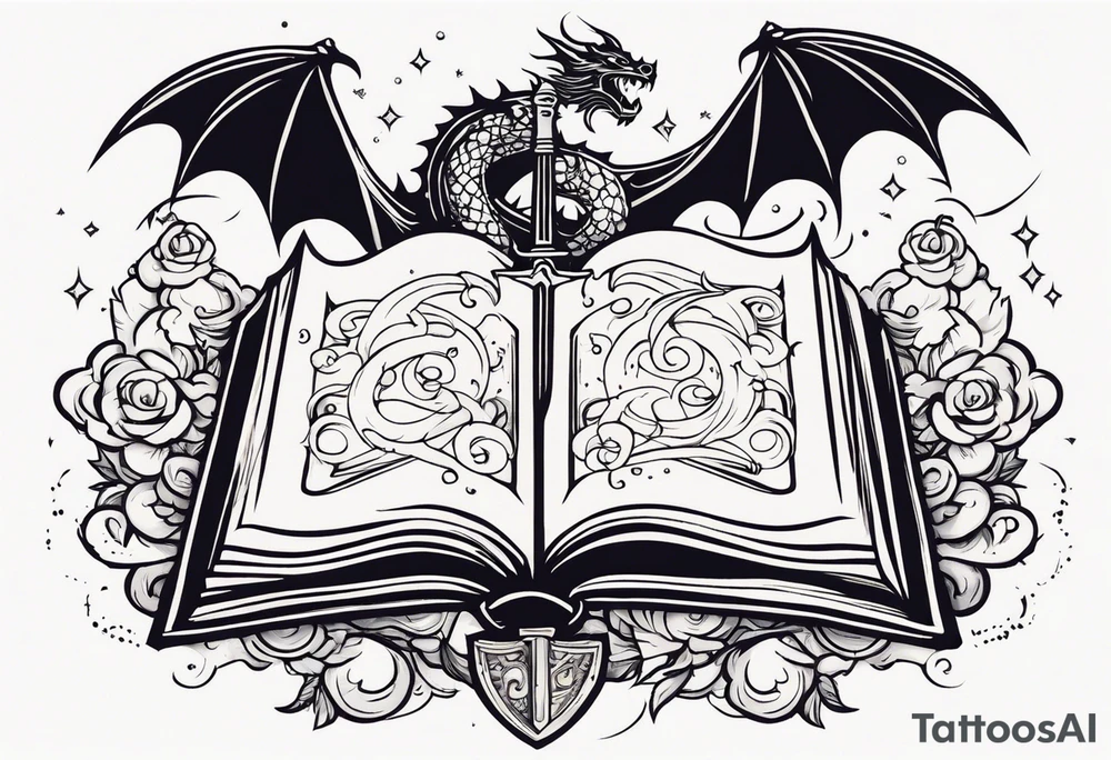 an open book with a sword through it, dragons and sparks surrounding the book. small design tattoo idea