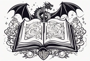 an open book with a sword through it, dragons and sparks surrounding the book. small design tattoo idea