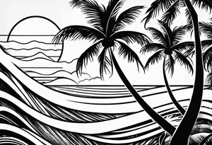 travel theme with sunshine, palm tree, waves tattoo idea
