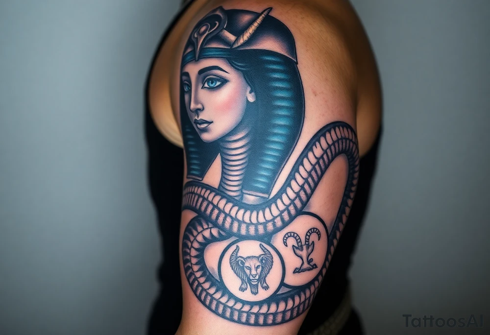 A DSLR photo of a full upper arm tattoo on a man's right arm, from neck to below the elbow. The tattoo shows the Egyptian goddess Renenutet with a serene and powerful female face, shaded with lifelike detail. Her eyes are vivid blue with white highlights. She wears a war crown (Mut or Isis style, with horns and a solar disk), and an ankh on the forehead. Her hair blends into a cobra hood that transitions into the serpent’s body wrapping around the entire arm. The cobra’s scales are deeply shaded black with white edge accents and subtle blue highlights on the back. The body coils protectively around the forearm, encircling three symbols: twin faces (Gemini), a lion’s head in relief (Leo), and a Capricorn with a horned goat and fish tail, each embedded in the snake’s body or stylized medallions. The tattoo glows slightly with white ink accents, giving it a vibrant, almost living presence. Photographed in soft studio lighting to highlight texture and shading, with visible skin grain and depth of ink. tattoo idea