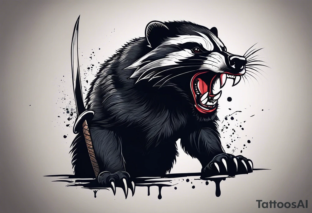 Draw me psychopath Fearless Honey Badger/Berserker with aggressive full body, killer face with a scary smile, very long nails and he attacks like a Bloody Assassin/Warrior/Gladiator to us and also, he has very deadly looking. He fights with his nails only. Everybody scares after their first sight. Give me horror type Badger Tattoo. I want to see his Realistic full body with no weapons. You can show destruction at the back. tattoo idea