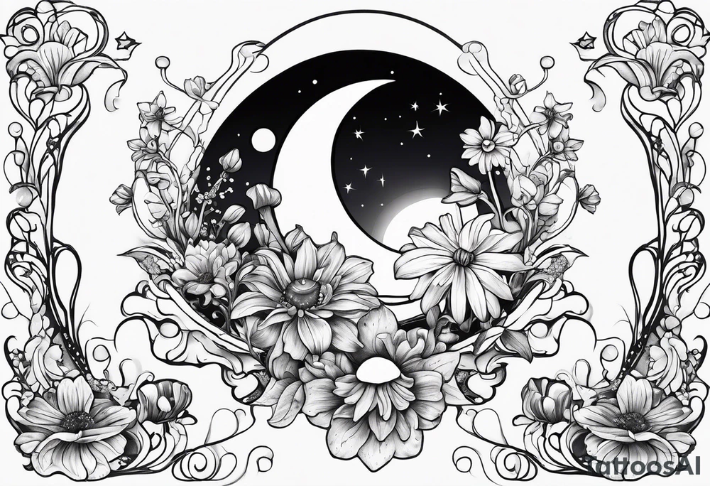 moon with daisy's, lily’s, crystals, and mushrooms tattoo idea