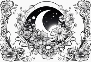 moon with daisy's, lily’s, crystals, and mushrooms tattoo idea
