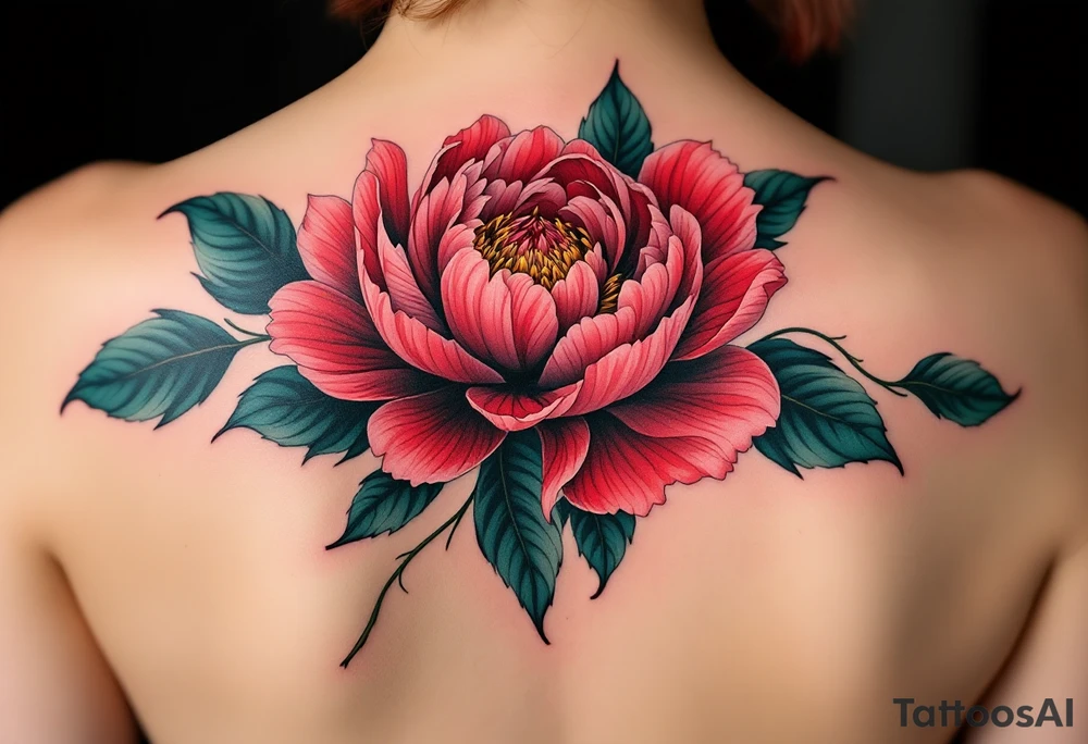ChatGPT řekl:
A vibrant peony tattoo featuring lush, layered petals in deep crimson and soft blush pink, with dark green leaves edged in black for bold contrast and subtle white highlights to add depth and realism. tattoo idea