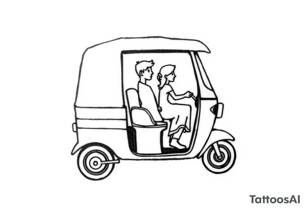 Create a simple tuk tuk. Add a boy and a girl in the vehicle. Add a heart. tattoo idea