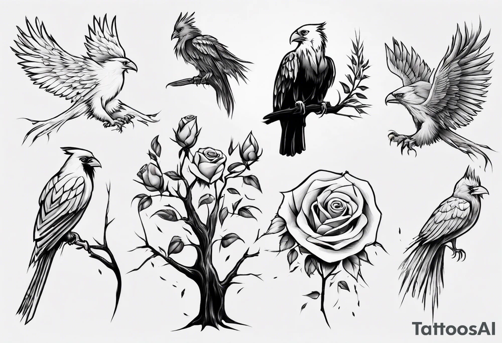 Willow tree with a cardinal and a rose and a eagle tattoo idea