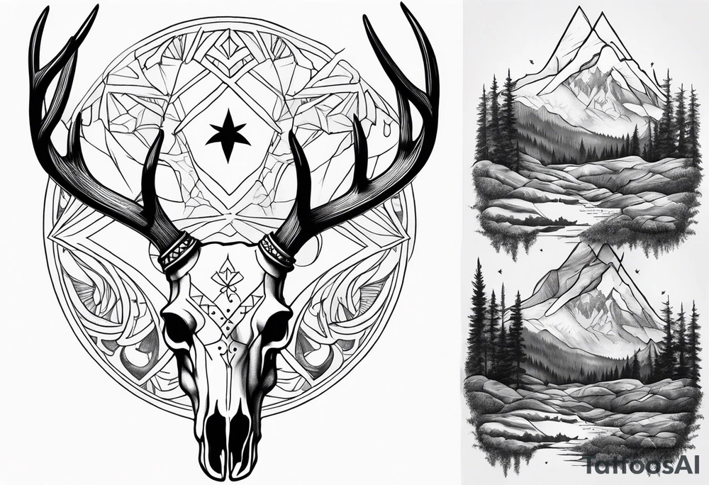 deer skull with mountains tattoo idea