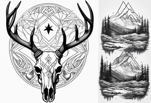 deer skull with mountains tattoo idea