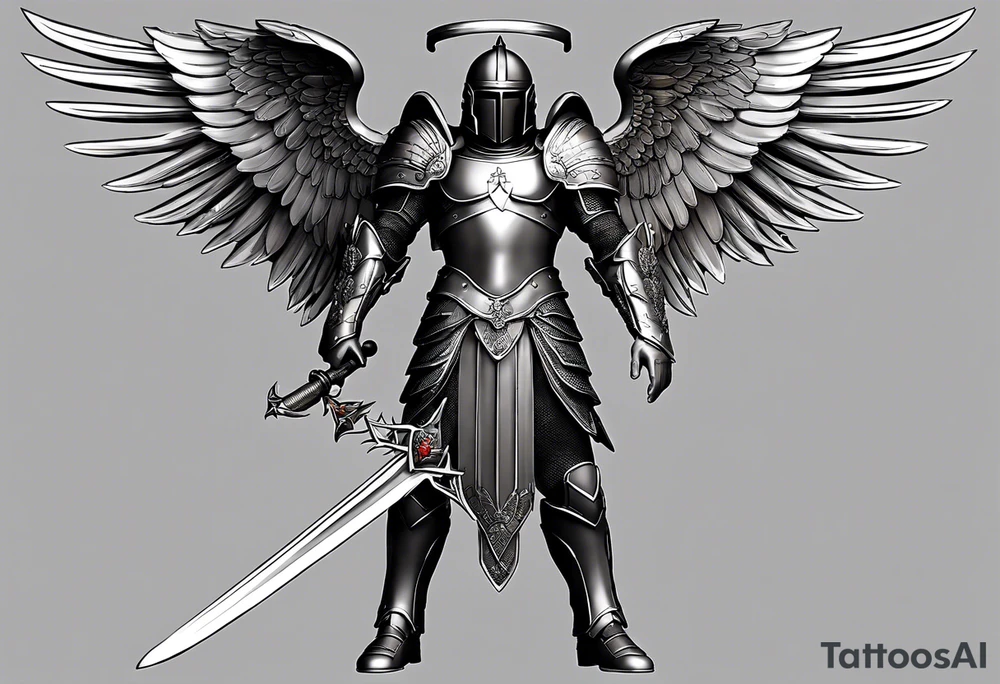 **Tattoo Design: Archangel Michael**

- **Central Theme**: Archangel Michael, majestic and powerful, stands ready with a raised sword, prepared to battle evil.
- **Appearance**: The figure of Archangel Michael depicted in full angelic armor, with majestic wings spread wide.
- **Expression**: His stance conveys strength, courage, and determination in defense of good.
- **Details**: Focus on intricate details such as facial features, armor embellishments, and the raised sword.
- **Background**: May be stylized as celestial, with rays of light or clouds, accentuating the divine presence of Archangel Michael.
- **Placement**: Intended for placement on the chosen body area, with the option to adjust the size according to personal preferences. tattoo idea