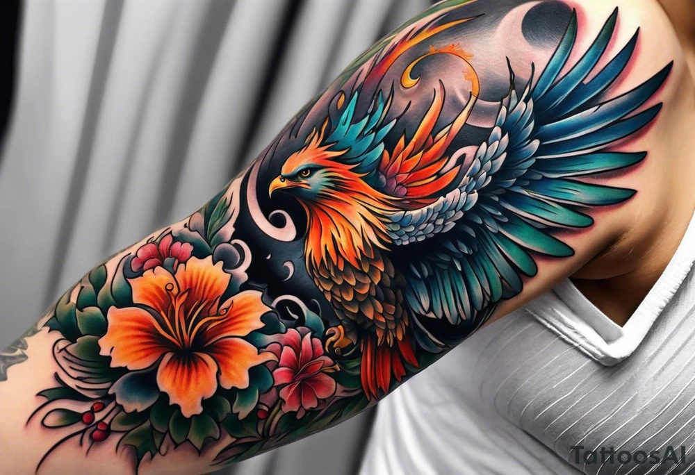 Half sleeve on under arm, with phoenix and flowers tattoo idea