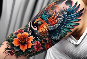 Half sleeve on under arm, with phoenix and flowers tattoo idea