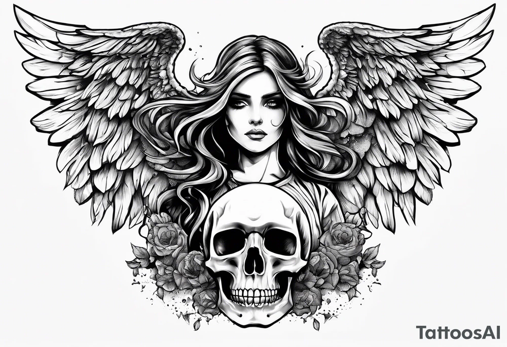 Angel in black holding a skull walking on scorched earth tattoo idea