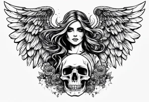 Angel in black holding a skull walking on scorched earth tattoo idea