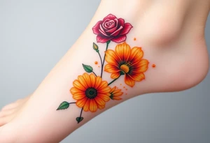 a colorful, vibrant, watercolor tattoo with one red rose, one orange lily, one gold marigold, and one orange cosmos flower and with splashes of color tattoo idea