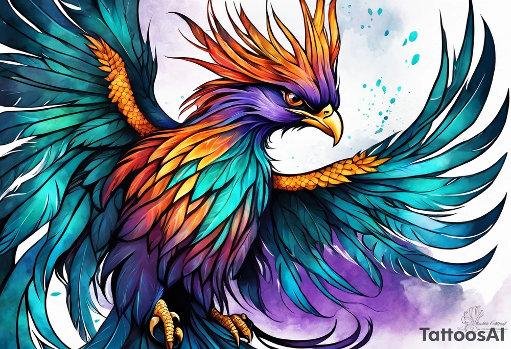 Phoenix on hip down into thigh with feathers that have teal purple and blue with quote "from the Ashes I rise" long tail featgers tattoo idea