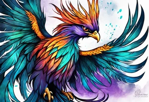 Phoenix on hip down into thigh with feathers that have teal purple and blue with quote "from the Ashes I rise" long tail featgers tattoo idea
