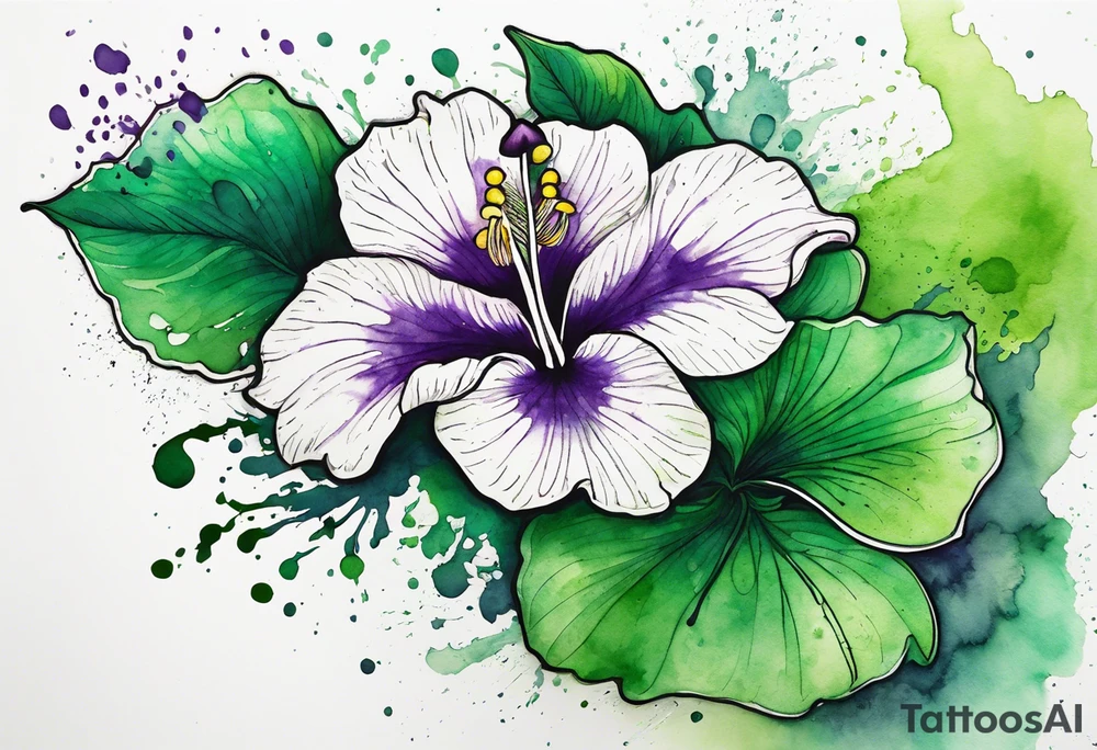 An outline of a green rio dipladenia flower and a green/purple watercolor splash in the background tattoo idea