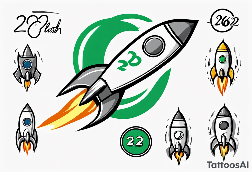 Simple cartoon rocket in green, gray, yellow, blue

Fire coming out the rocket

Black ring around the rocket with "26.2" written at the 10 o-clock position tattoo idea