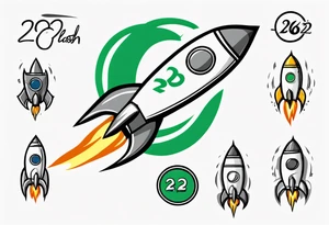 Simple cartoon rocket in green, gray, yellow, blue

Fire coming out the rocket

Black ring around the rocket with "26.2" written at the 10 o-clock position tattoo idea