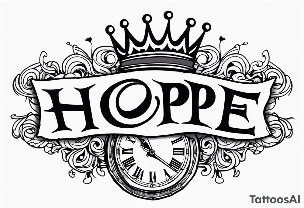 HOPE lettering, broken clock, king crown incorporated within letters tattoo idea