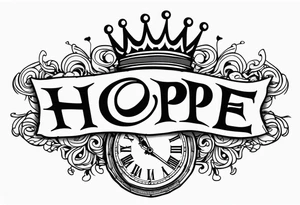 HOPE lettering, broken clock, king crown incorporated within letters tattoo idea