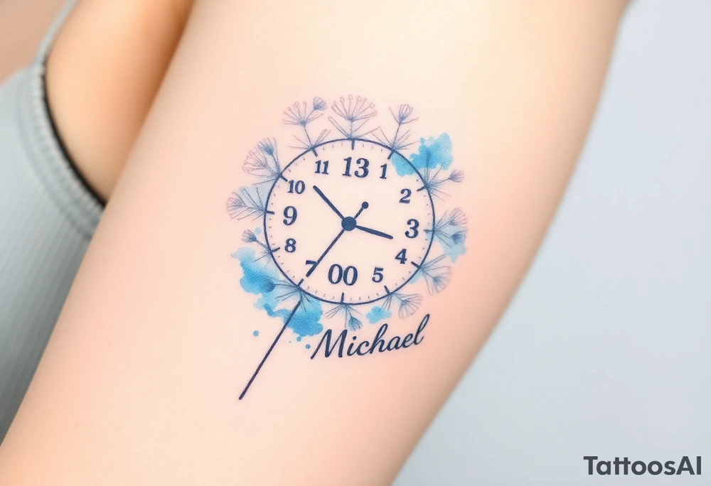 A watercolor-styled dandelion with seeds transforming into clock numbers 13. 07. 2019 and name "Michael", representing fleeting time and new beginnings, in pastel blues and purples tattoo idea