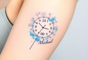 A watercolor-styled dandelion with seeds transforming into clock numbers 13. 07. 2019 and name "Michael", representing fleeting time and new beginnings, in pastel blues and purples tattoo idea