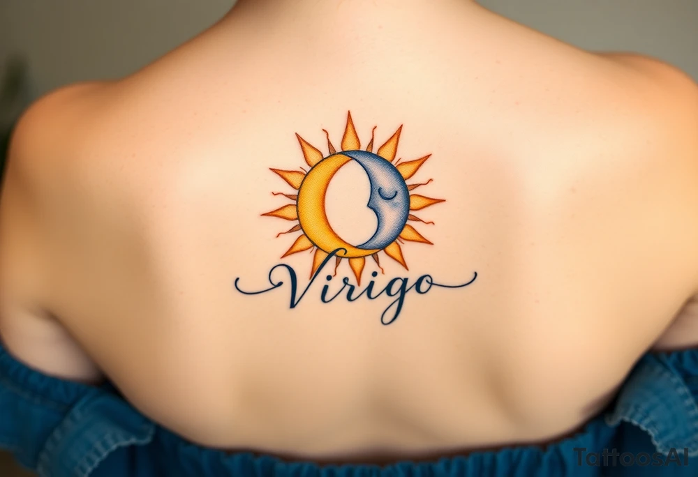 A sun and moon intertwined with delicate the word Virgo, blending gold, soft yellow, and midnight blue tones tattoo idea