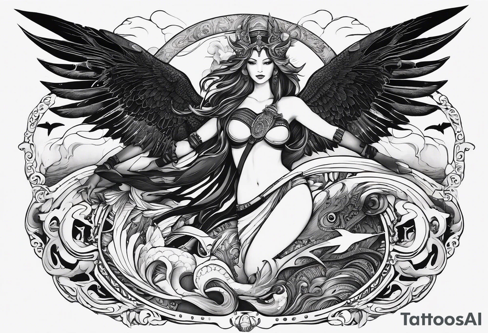 Create a tattoo with a sexy, beautiful, and warrior Goddess Nyx, the goddess of night, who Zeus fears.  She has one white wing and one black wing, like an angel, representing both love and death, and is surrounded by the ocean with sharks, orcas, whale sharks, and octopus.  Within this tattoo is a helicopter such as the MH-60M DAP, a Nightstalkers helicopter outfitted with weapons, doing a combat tactical mission. tattoo idea