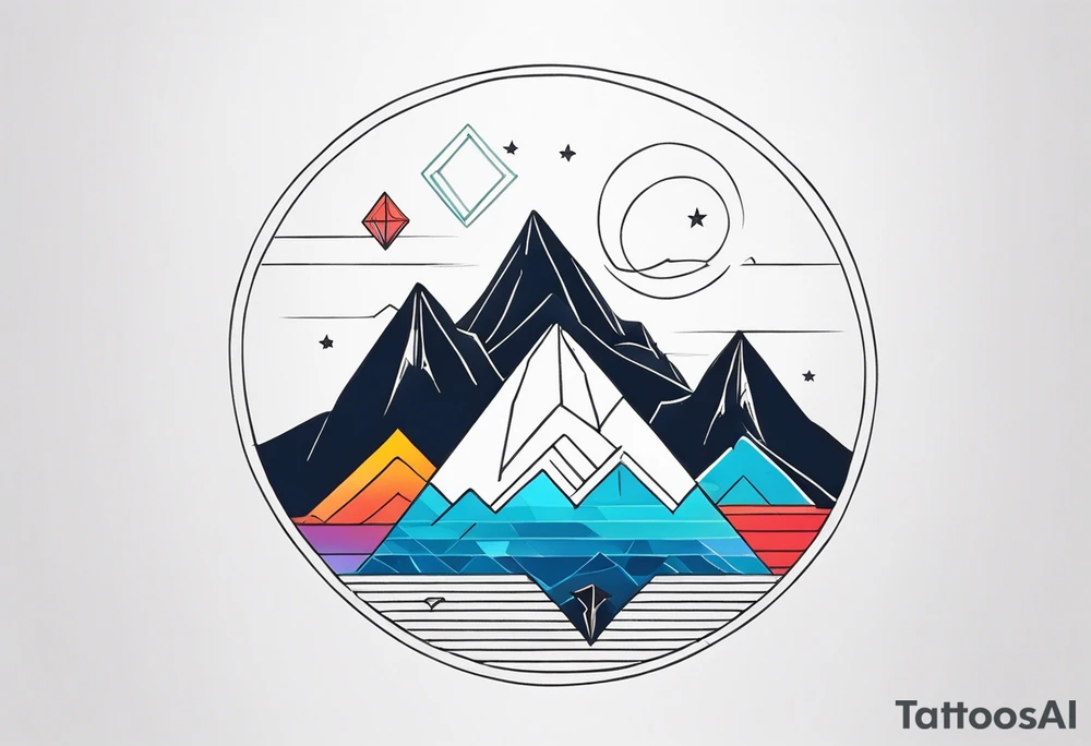 Mountain one Peak, sea waves, space with two littel coloured Stars, geometrical Forms, circle, diamond surrounding scenery with dashed lines overlapping tattoo idea