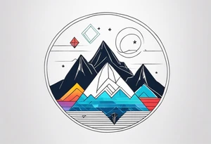 Mountain one Peak, sea waves, space with two littel coloured Stars, geometrical Forms, circle, diamond surrounding scenery with dashed lines overlapping tattoo idea