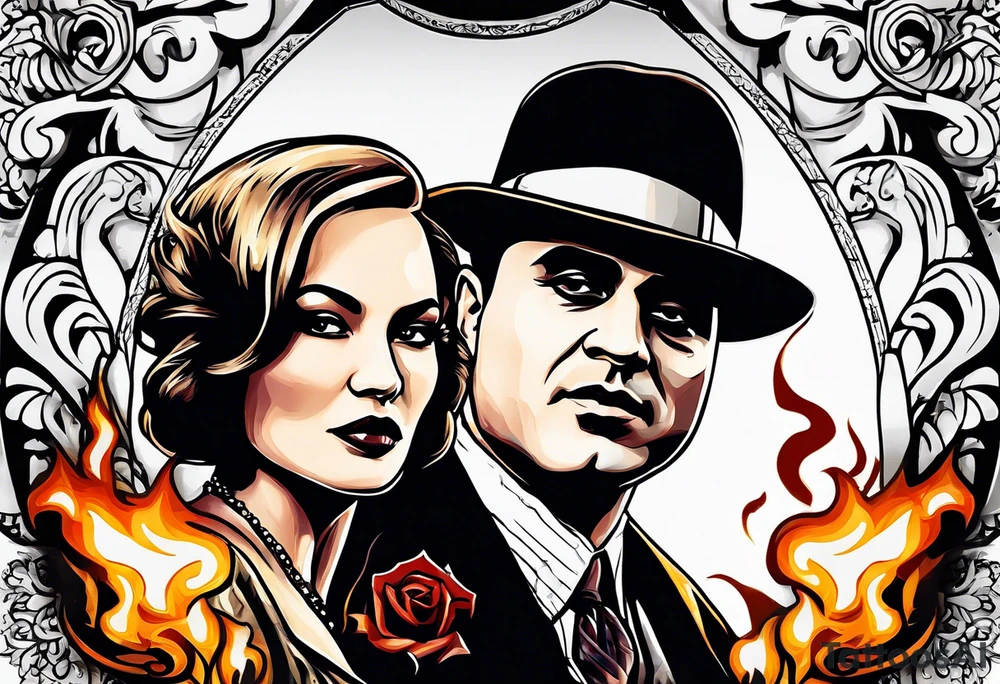 gangsters bonnie & clyde with Al Capone and machine gunns with smoke and fire tattoo idea