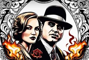 gangsters bonnie & clyde with Al Capone and machine gunns with smoke and fire tattoo idea