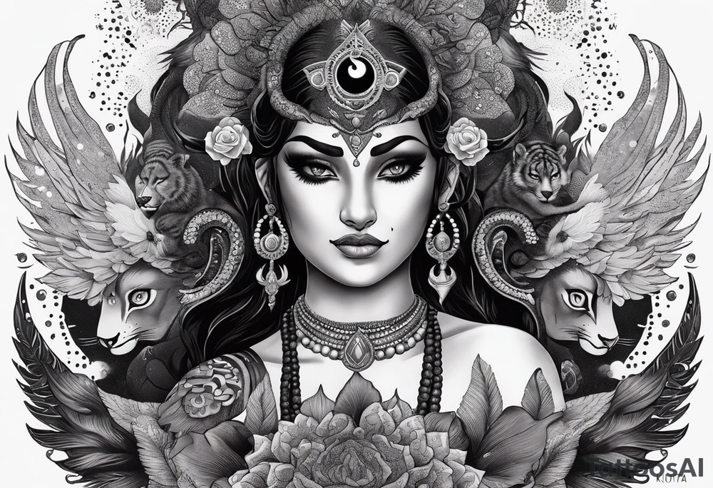 black kali, goddess pirate, alien, angel, pachamama, valkrye, warrior, flying, skull, lotus azul, wing, eagle, zenza resonance, stars, 5D, anahata chakra, death, durga, riding on a tiger, flying lady, kundalini, chest tatoo, samuri, rebel, serpent tattoo idea
