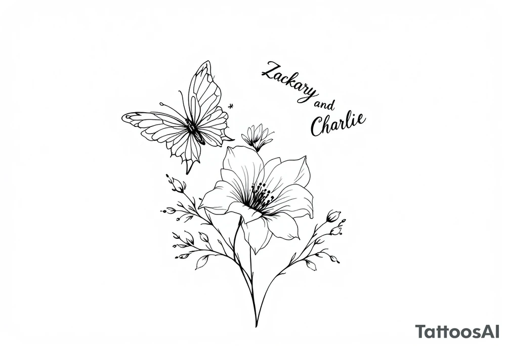A delicate and highly detailed tattoo design featuring elegant flowers and two butterflies, symbolizing family, love, and the bond between a mother and her children. The flowers, such as lilies or peonies, represent protection, beauty, and unconditional love. Two butterflies gracefully flying around the flowers symbolize the children, Zackary and Charlie, representing their growth and freedom. Their names should be subtly integrated into the design, either along the stems of the flowers, within the butterfly wings, or in an elegant script flowing naturally with the composition. tattoo idea